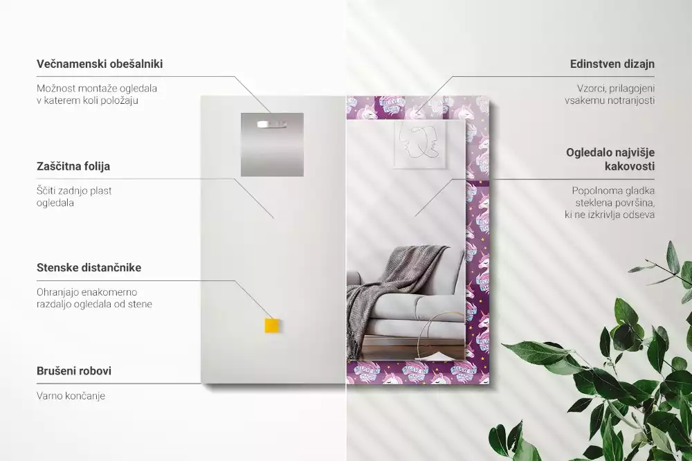 Négyszögletes díszes tükör egyszarvúak és csillagok mintával