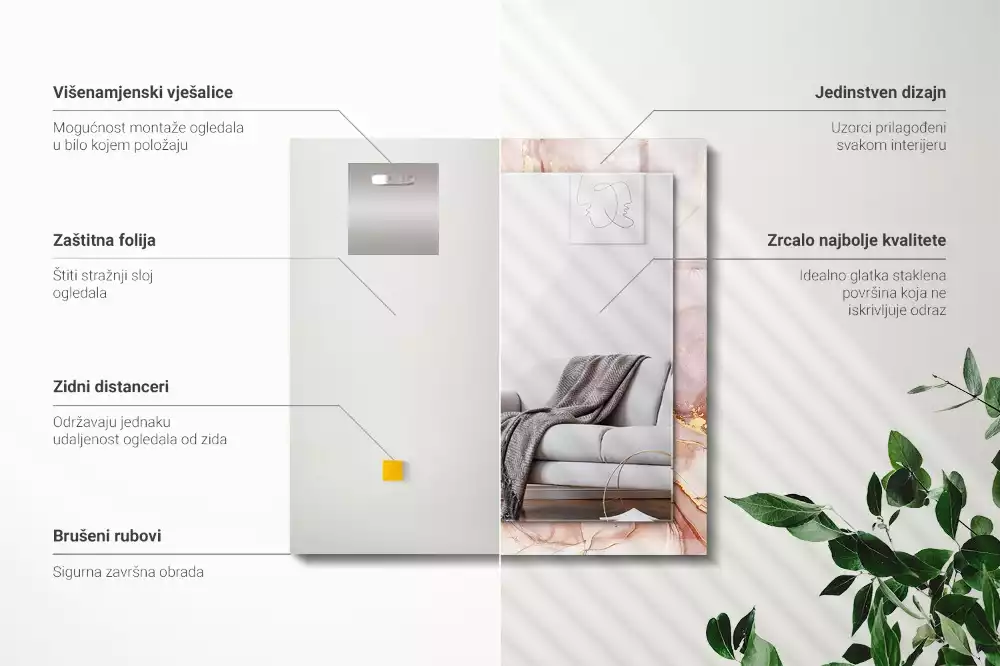 Négyszögletes díszes tükör absztrakt akvarell mintával