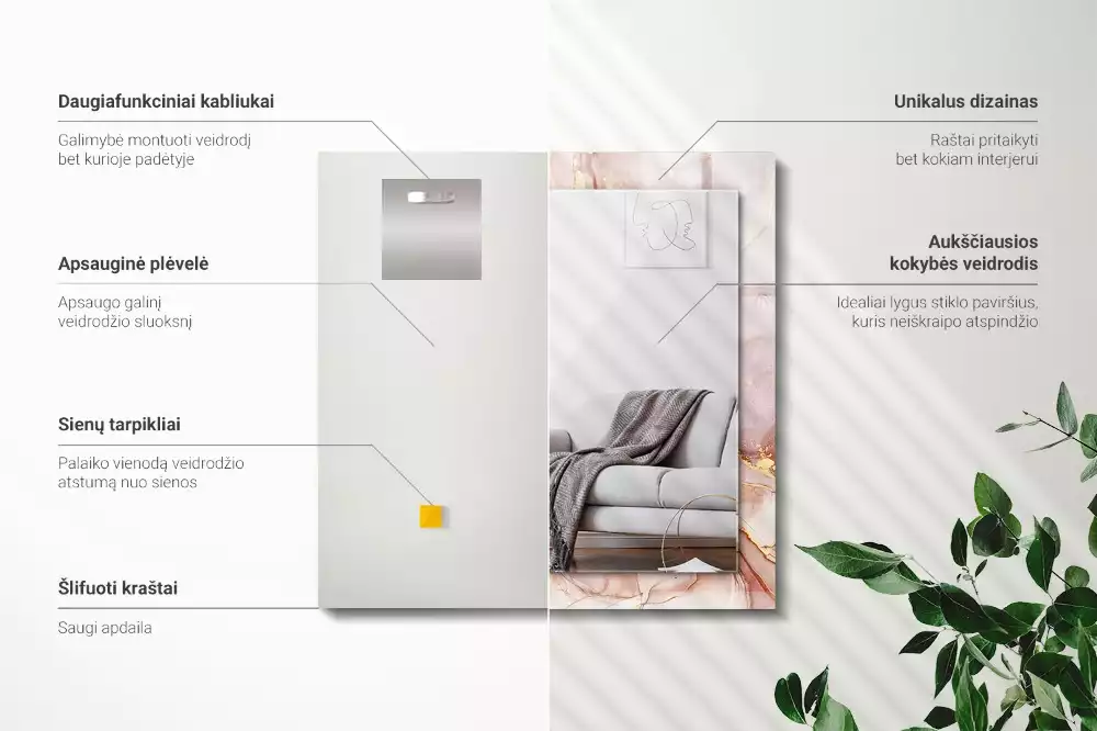 Négyszögletes díszes tükör absztrakt akvarell mintával