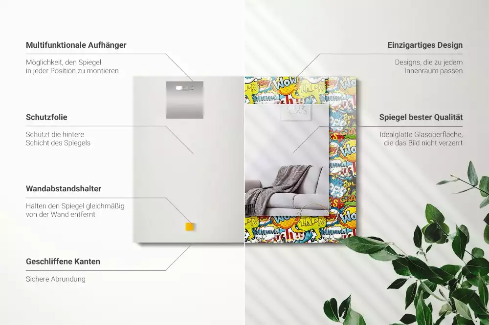 Négyszögletes díszes tükör színes képregényes szövegbuborék mintával