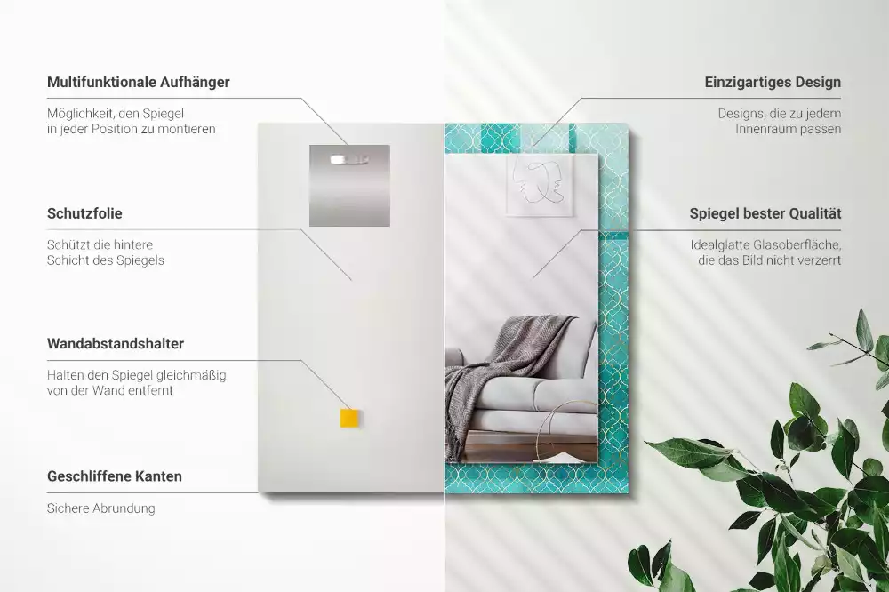 Négyszögletes dísztükör zöld geometriai mintával
