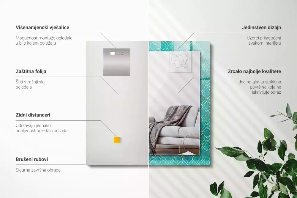 Négyszögletes dísztükör zöld geometriai mintával
