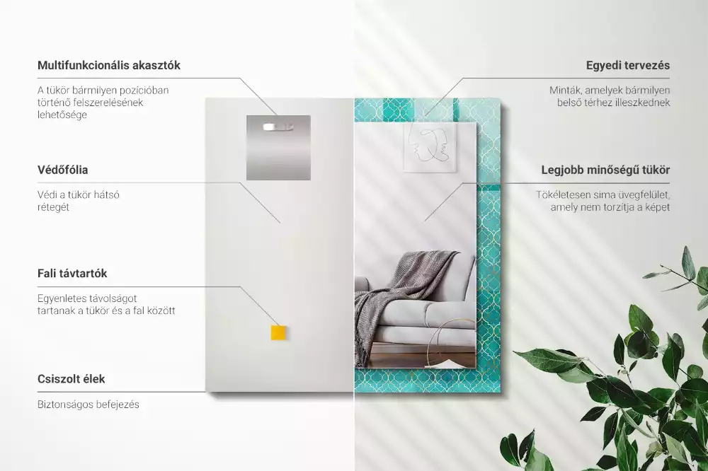Négyszögletes dísztükör zöld geometriai mintával