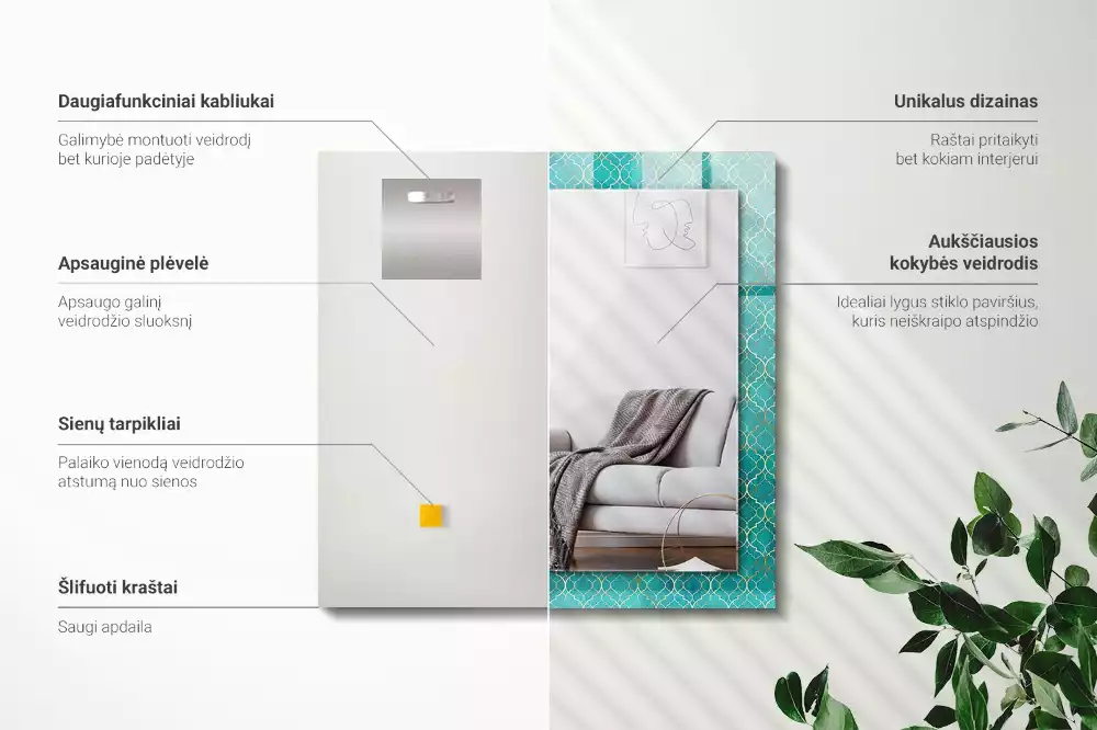 Négyszögletes dísztükör zöld geometriai mintával