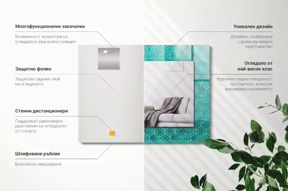 Négyszögletes dísztükör zöld geometriai mintával