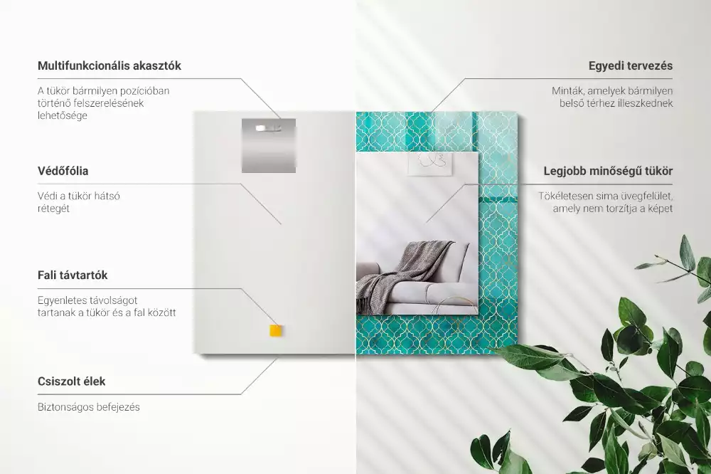 Négyszögletes dísztükör zöld geometriai mintával