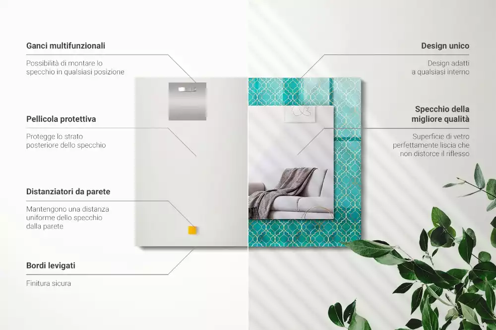 Négyszögletes dísztükör zöld geometriai mintával