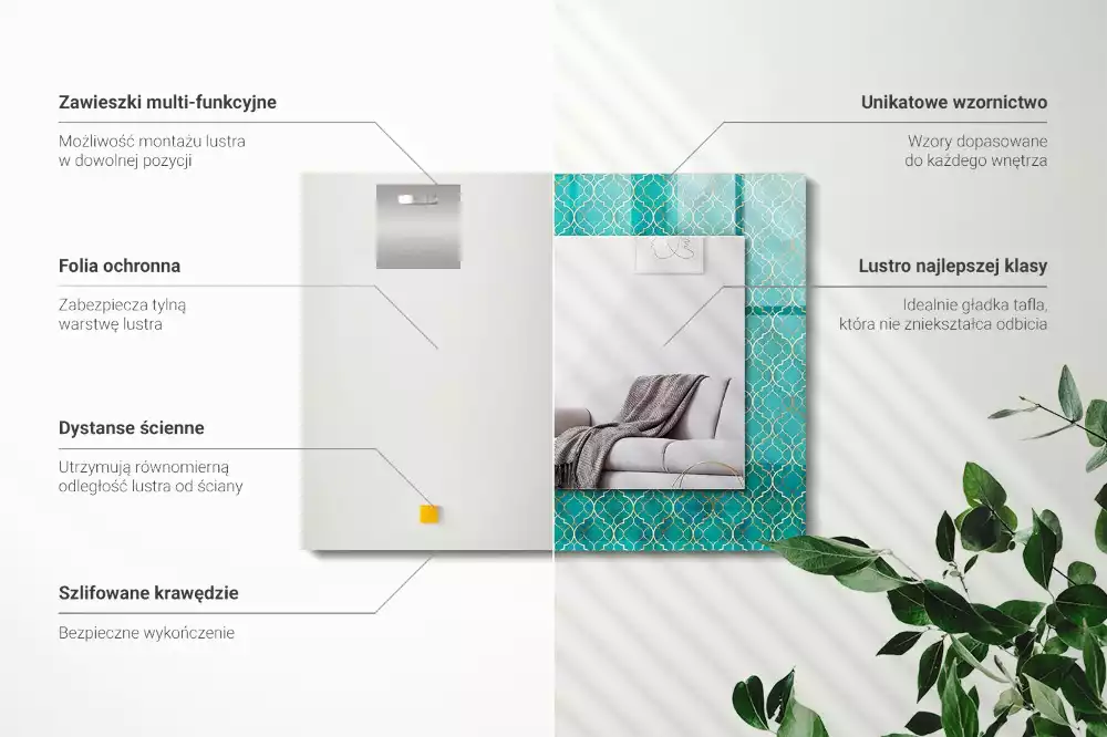 Négyszögletes dísztükör zöld geometriai mintával