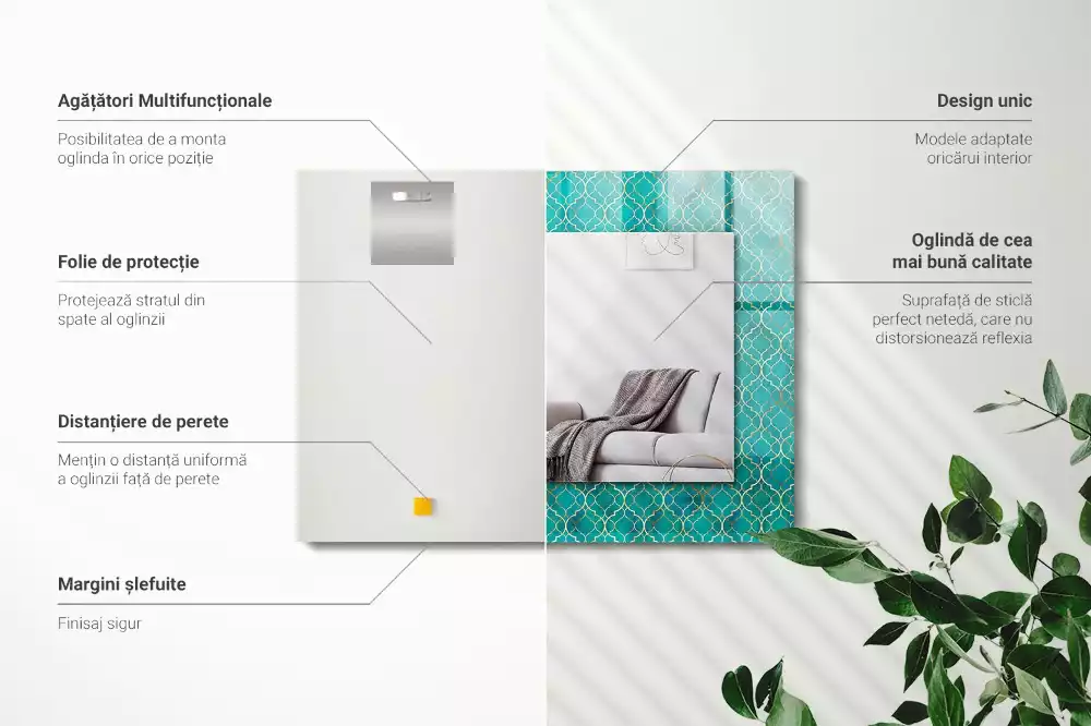 Négyszögletes dísztükör zöld geometriai mintával