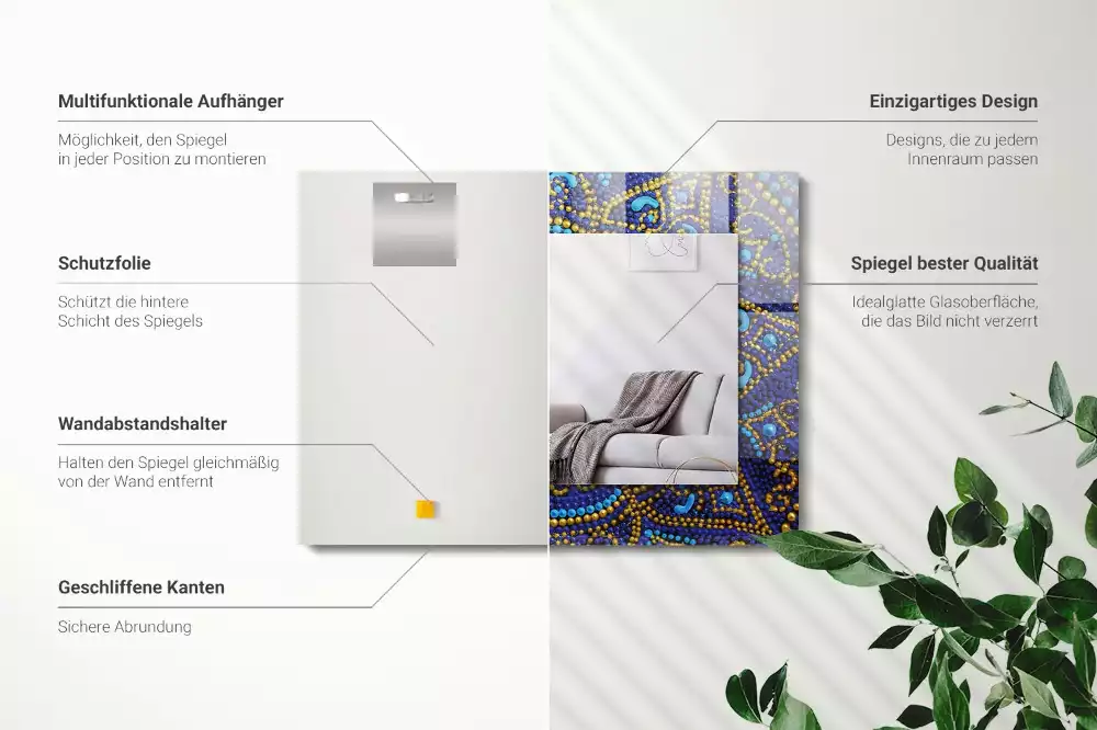 Négyszögletes mandala mintás fali tükör kék pöttyös díszítéssel