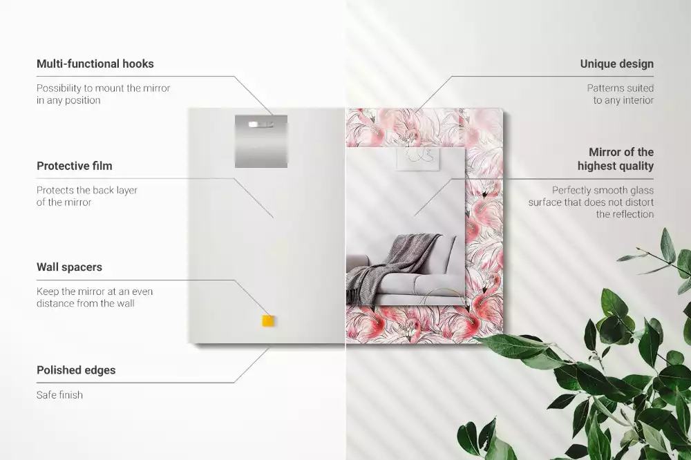 Négyszögletes dísztükör rózsaszín flamingó mintával