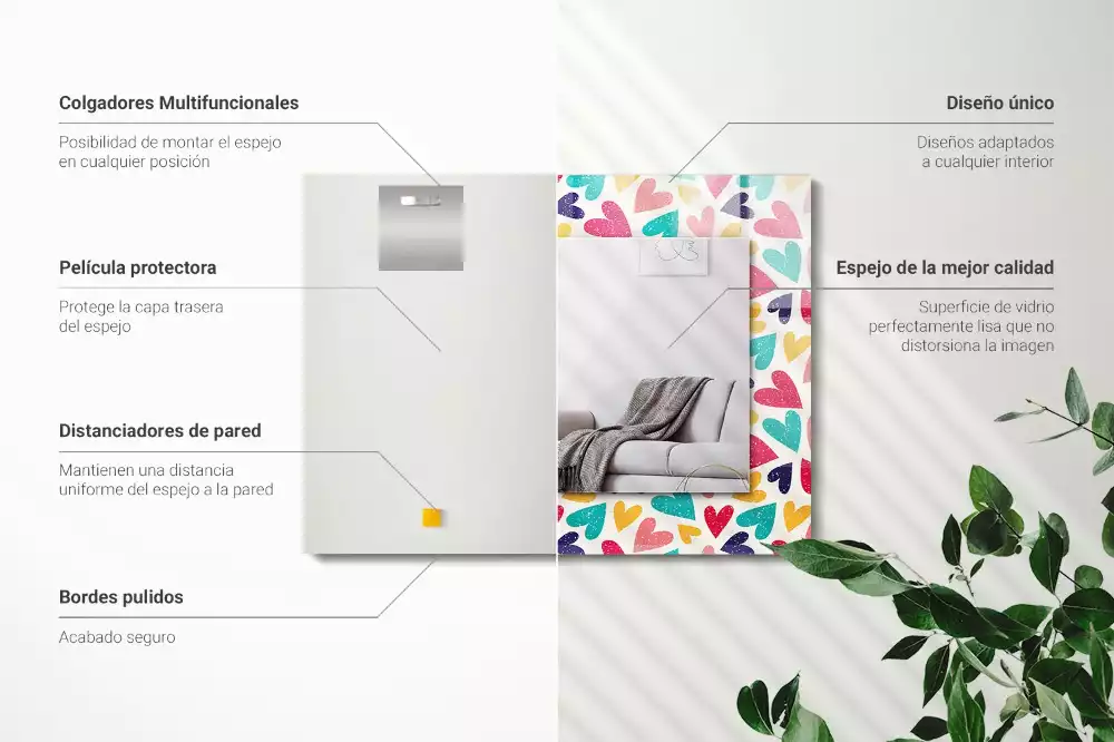 Négyszögletes fali tükör színes szívek mintával