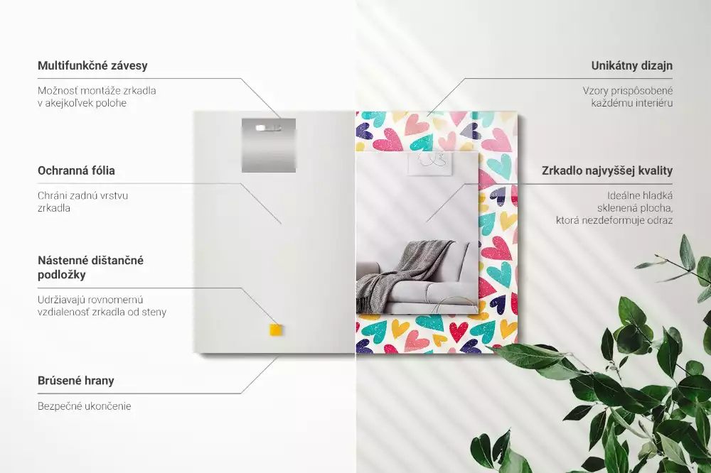 Négyszögletes fali tükör színes szívek mintával
