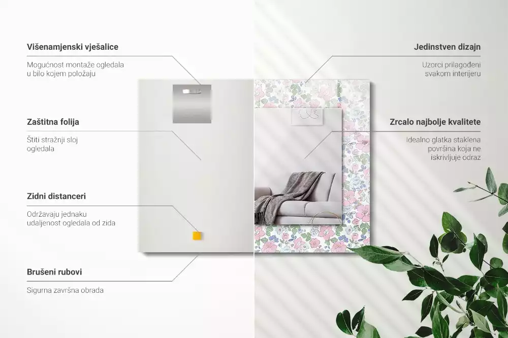 Virágos szövetmintás négyszögletes fali tükör