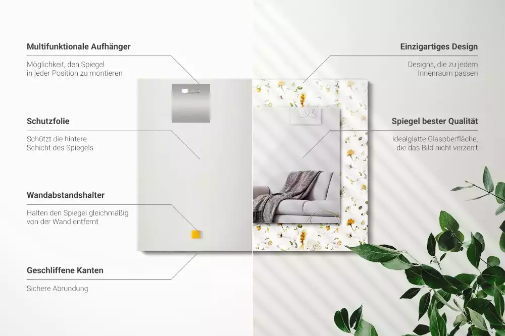 Négyszögletes virág- és levélmintás díszes tükör