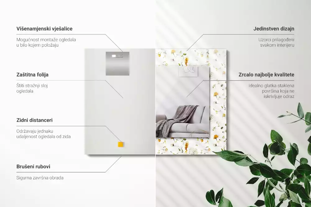Négyszögletes virág- és levélmintás díszes tükör