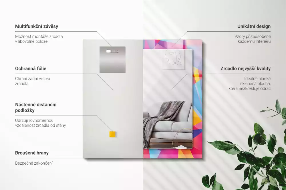 Négyszögletes fali tükör színes geometriai mintákkal
