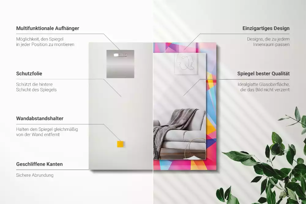 Négyszögletes fali tükör színes geometriai mintákkal