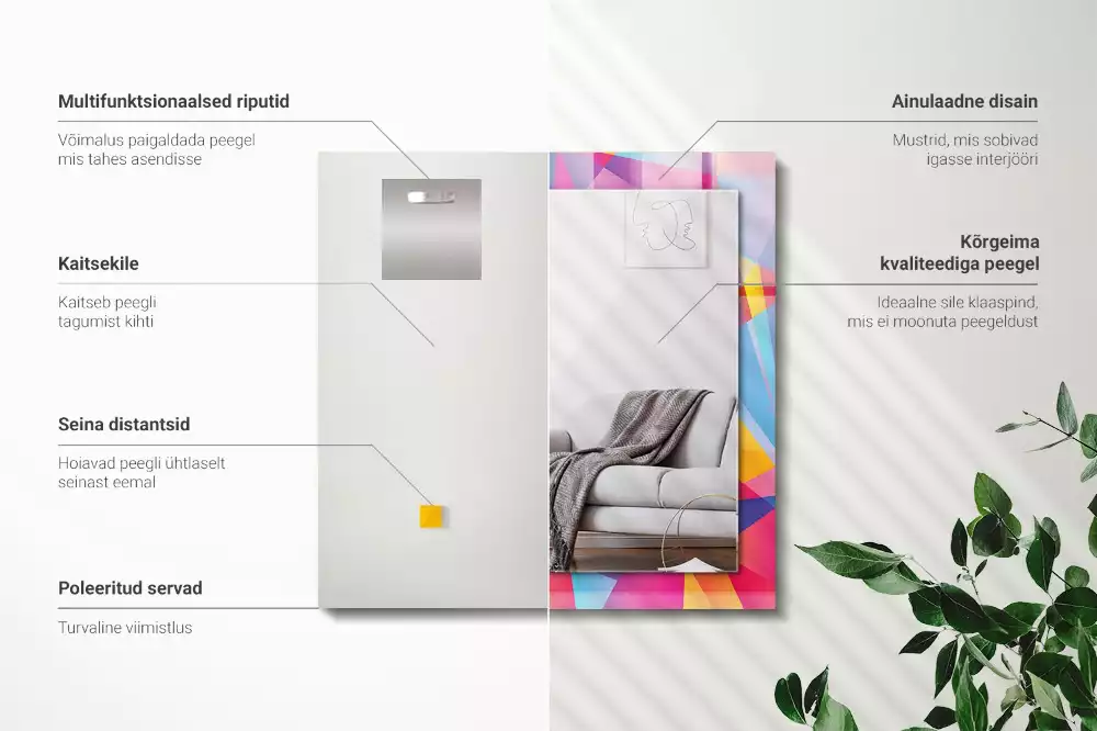 Négyszögletes fali tükör színes geometriai mintákkal