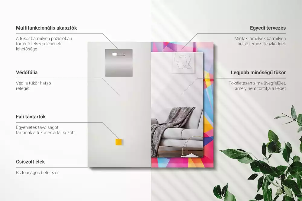 Négyszögletes fali tükör színes geometriai mintákkal