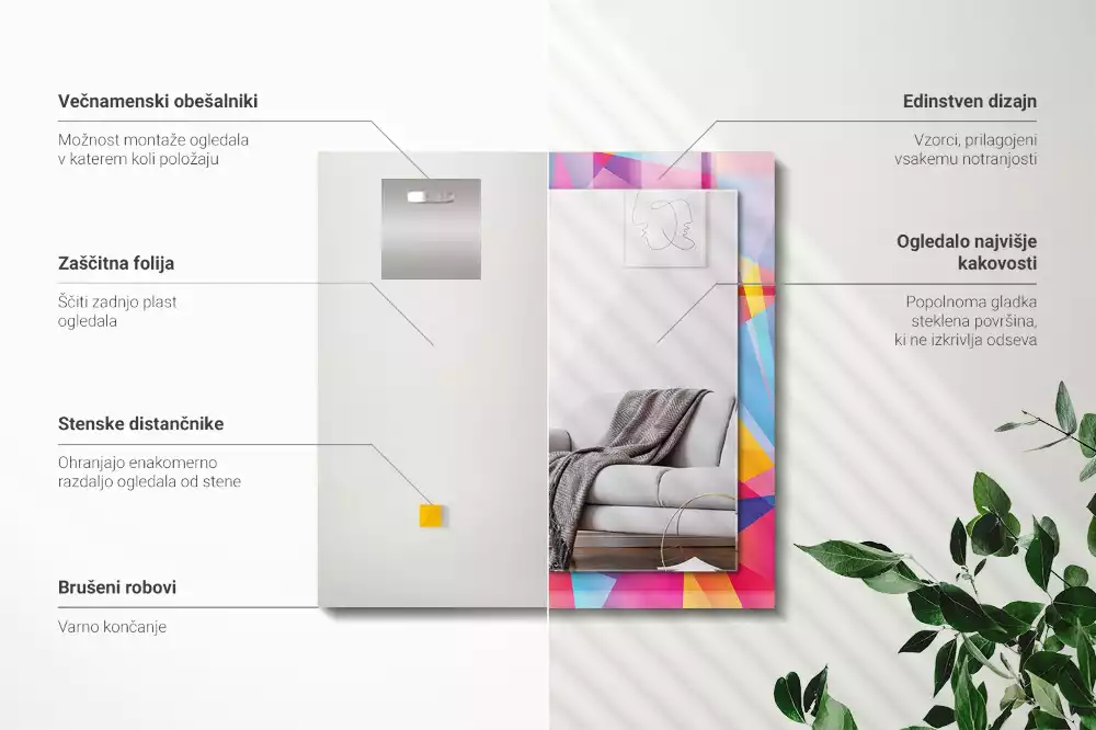 Négyszögletes fali tükör színes geometriai mintákkal
