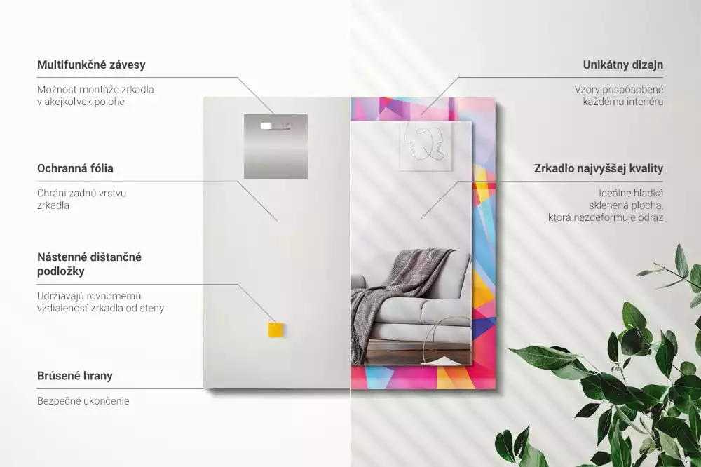 Négyszögletes fali tükör színes geometriai mintákkal