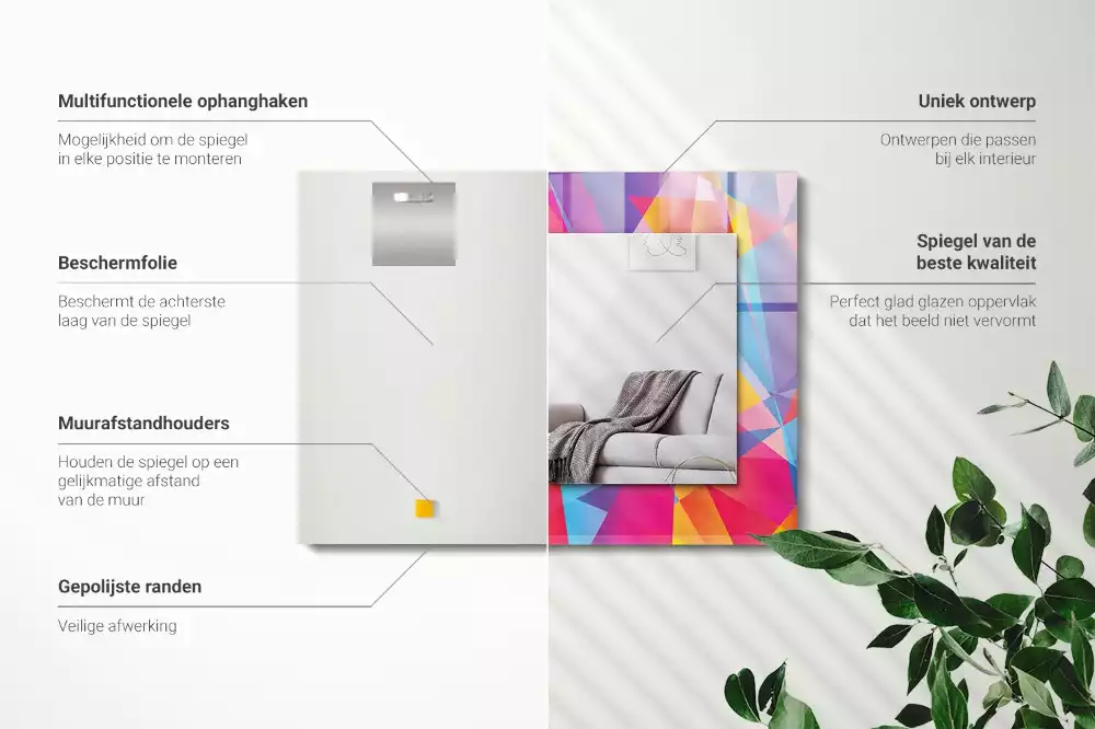 Négyszögletes fali tükör színes geometriai mintákkal