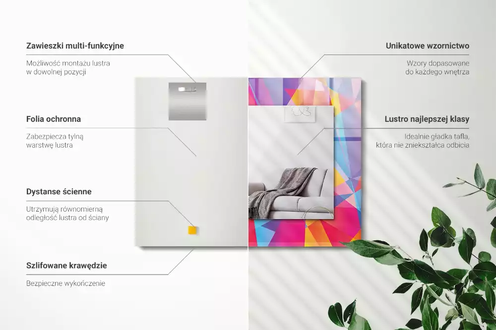 Négyszögletes fali tükör színes geometriai mintákkal