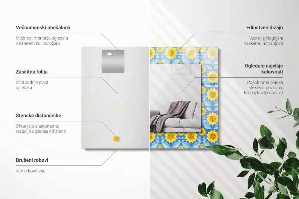 Négyszögletes dísztükör napraforgó és levél mintával