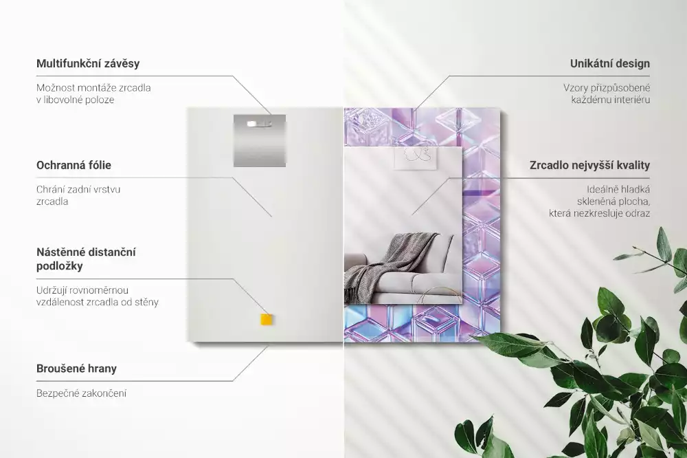 Négyszögletes díszes tükör átlátszó színes kocka mintával