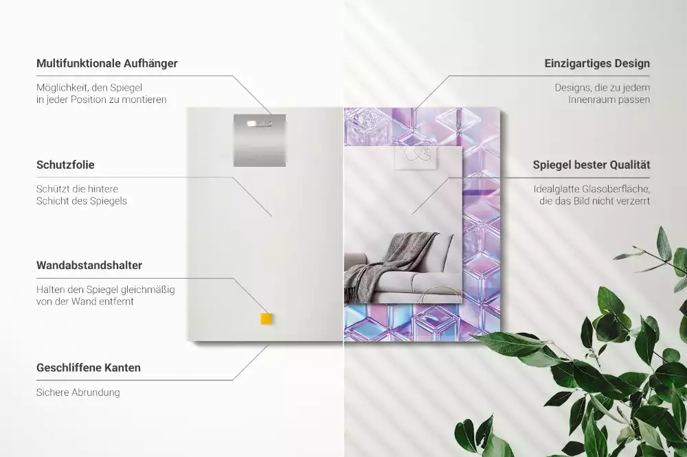 Négyszögletes díszes tükör átlátszó színes kocka mintával