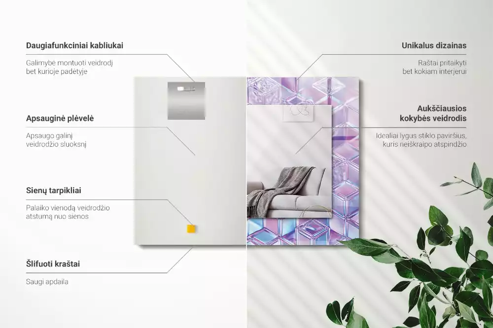 Négyszögletes díszes tükör átlátszó színes kocka mintával