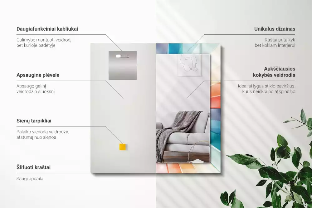 Négyszögletes fali tükör színes fénysugarak mintával