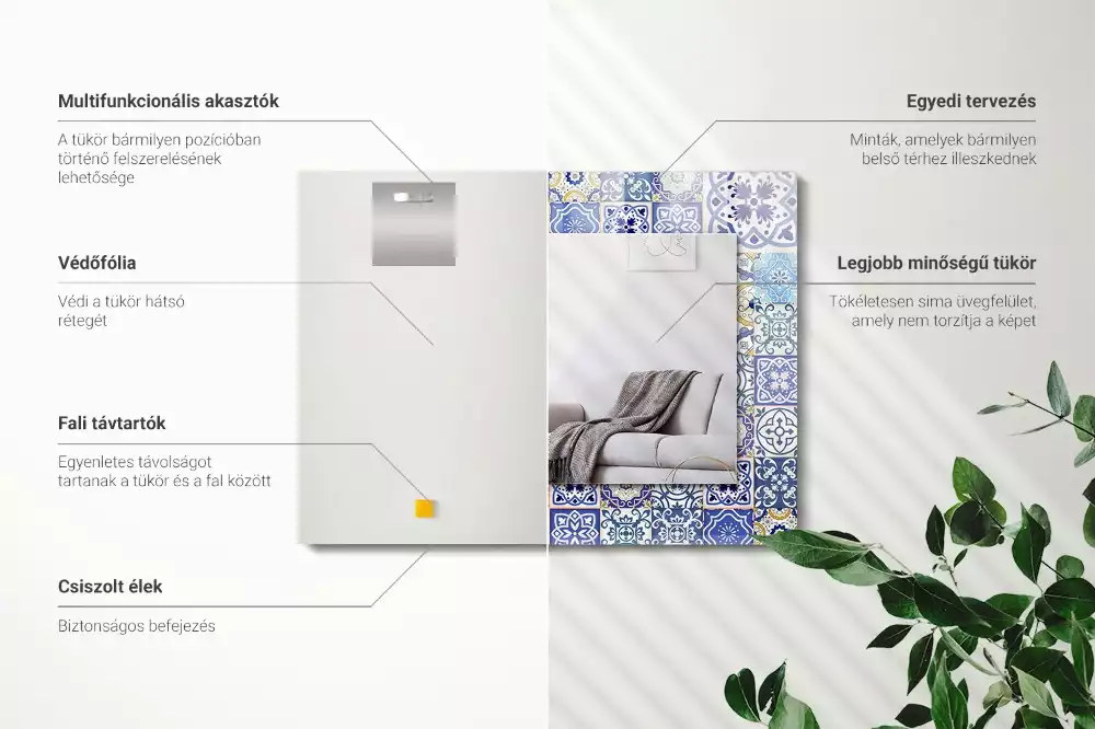 Négyszögletes mozaik tükör színes csempe dekorációval