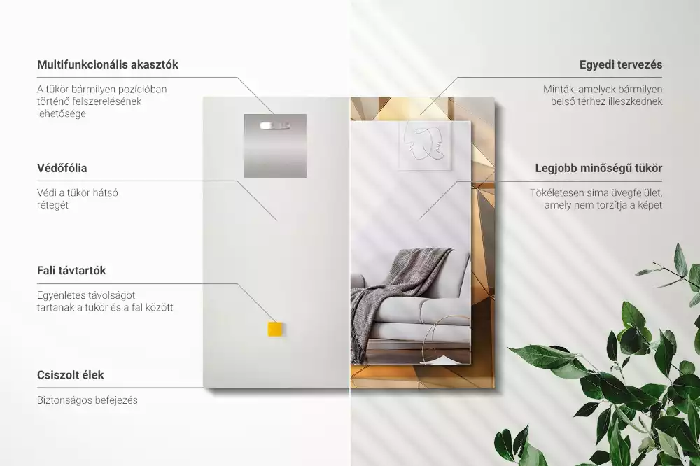 Négyszögletes díszes tükör arany színű geometriai mintákkal