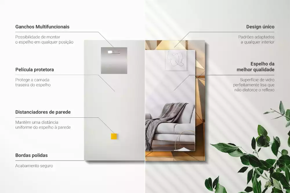 Négyszögletes díszes tükör arany színű geometriai mintákkal