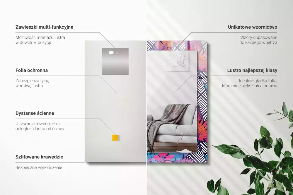 Négyszögletes fali tükör színes trópusi levelek mintával