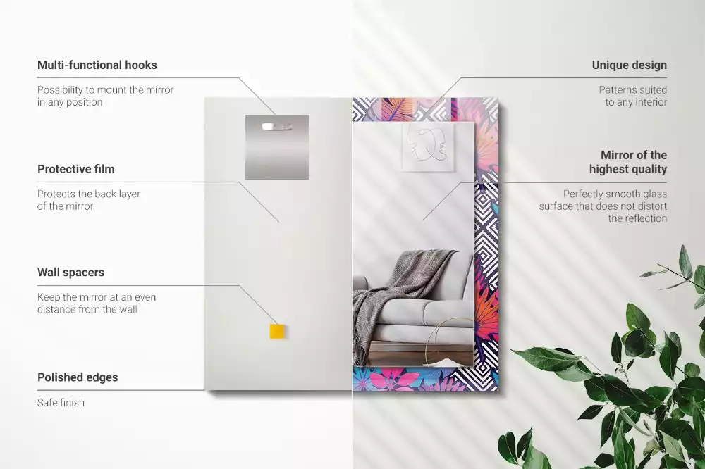 Négyszögletes fali tükör színes trópusi levelek mintával