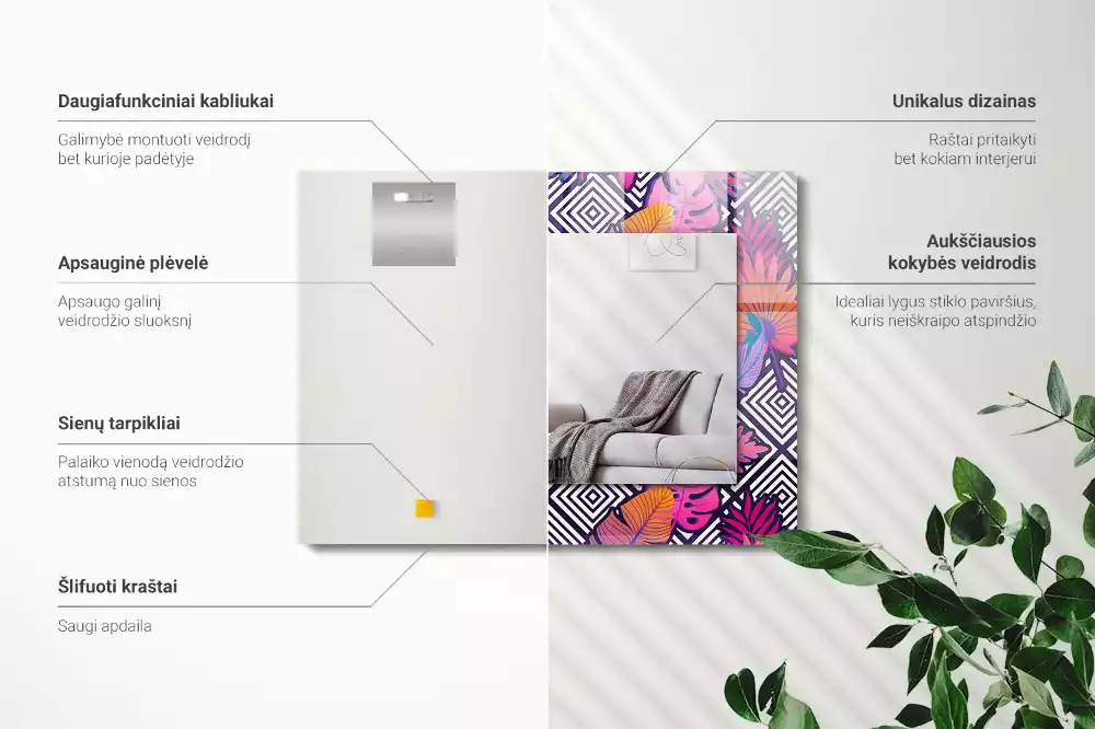Négyszögletes fali tükör színes trópusi levelek mintával