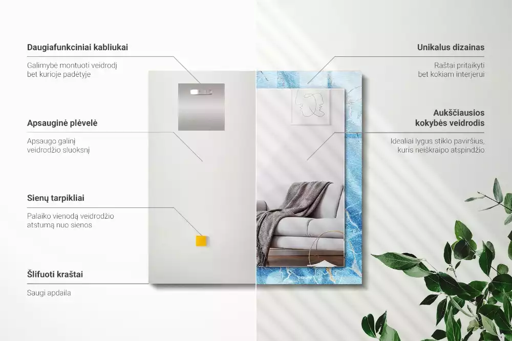Négyszögletes, díszes tükör kék márványos mintával