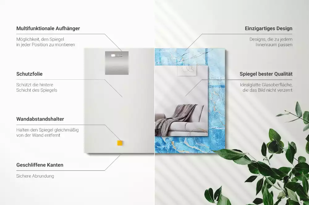 Négyszögletes, díszes tükör kék márványos mintával
