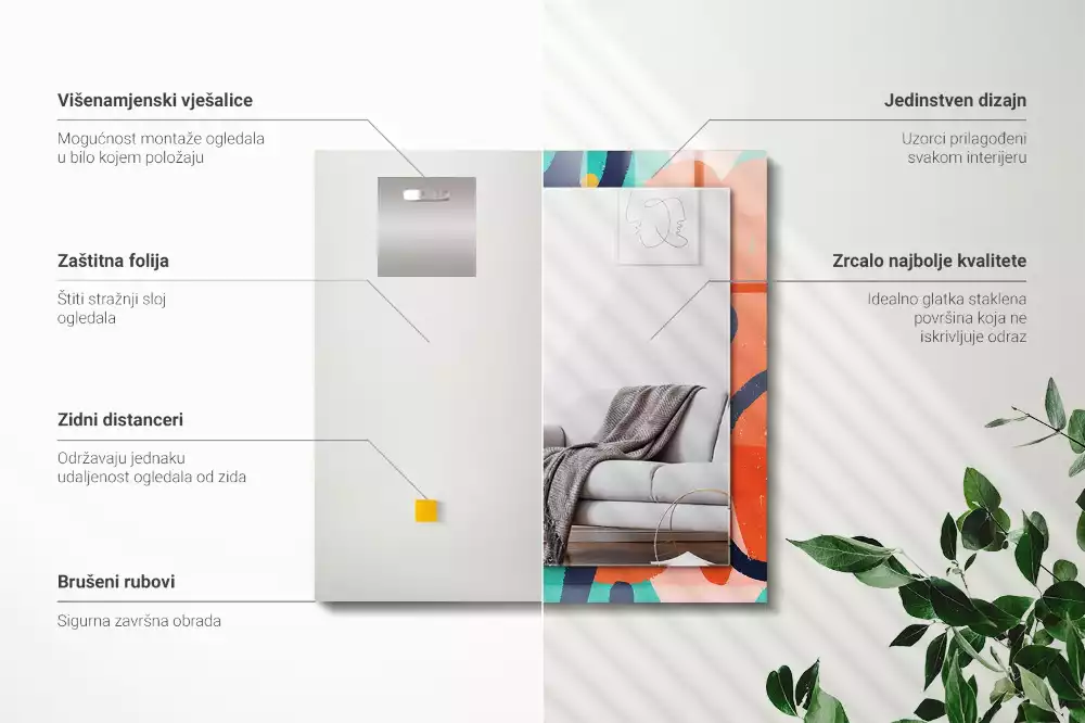 Négyszögletes díszes tükör absztrakt színes grafikával