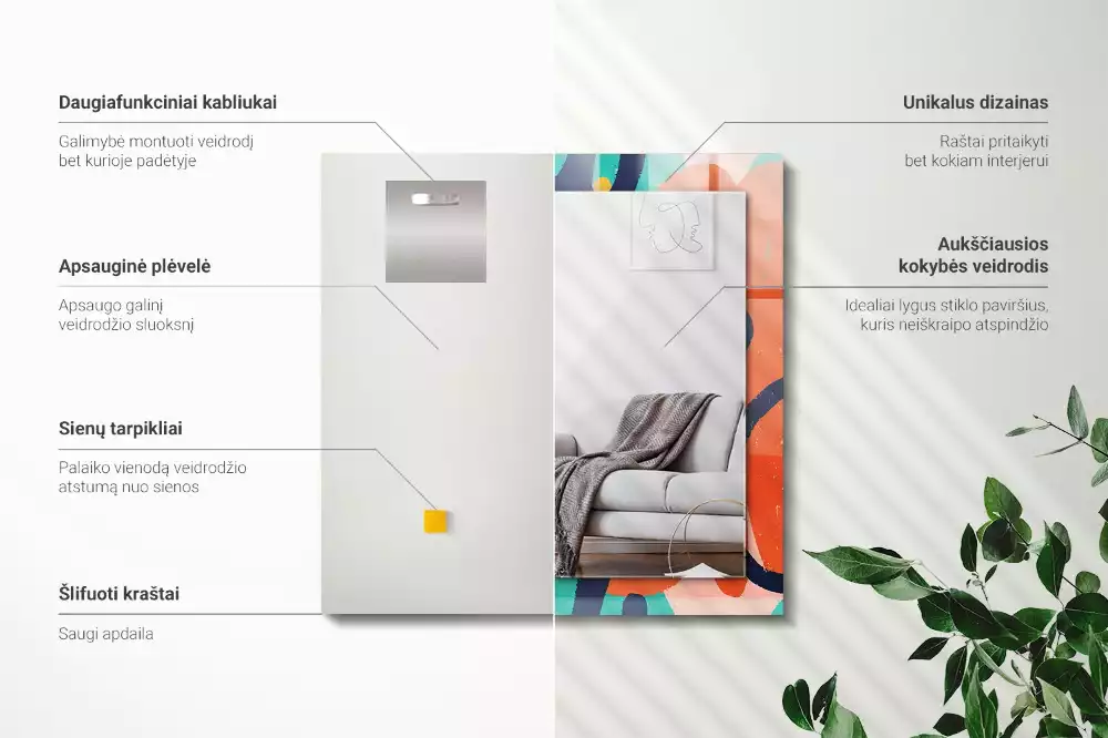 Négyszögletes díszes tükör absztrakt színes grafikával