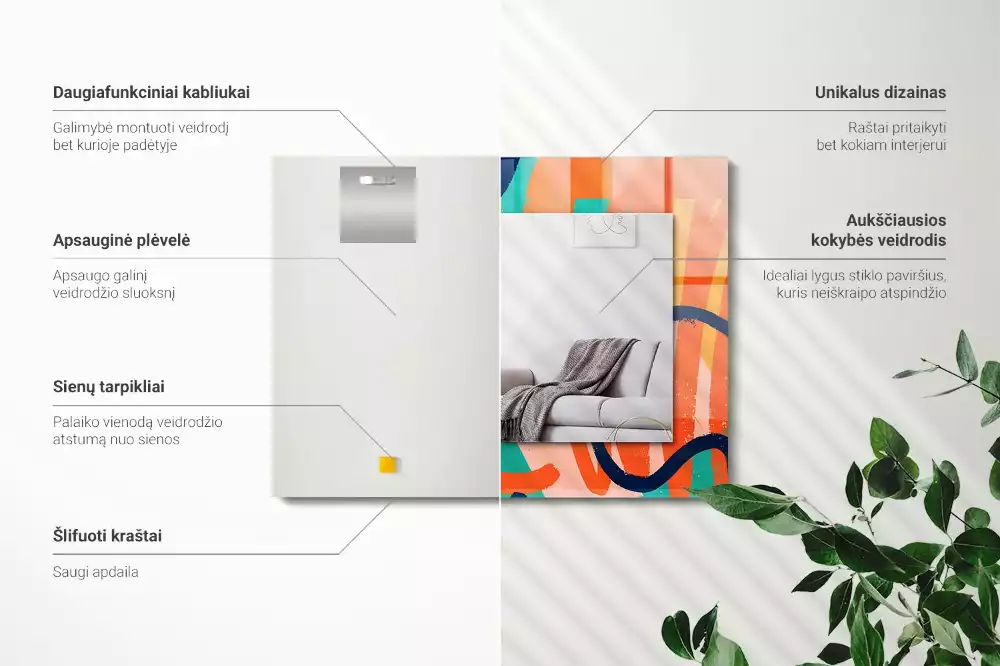 Négyszögletes díszes tükör absztrakt színes grafikával