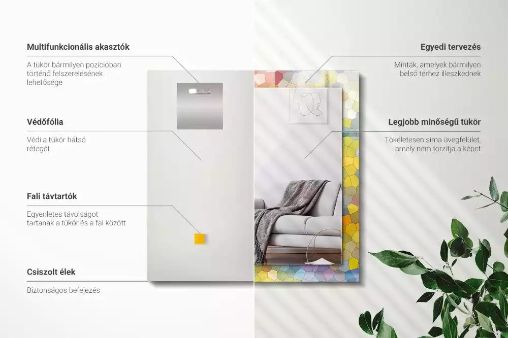 Négyszögletes fali tükör színes absztrakt mozaik mintával