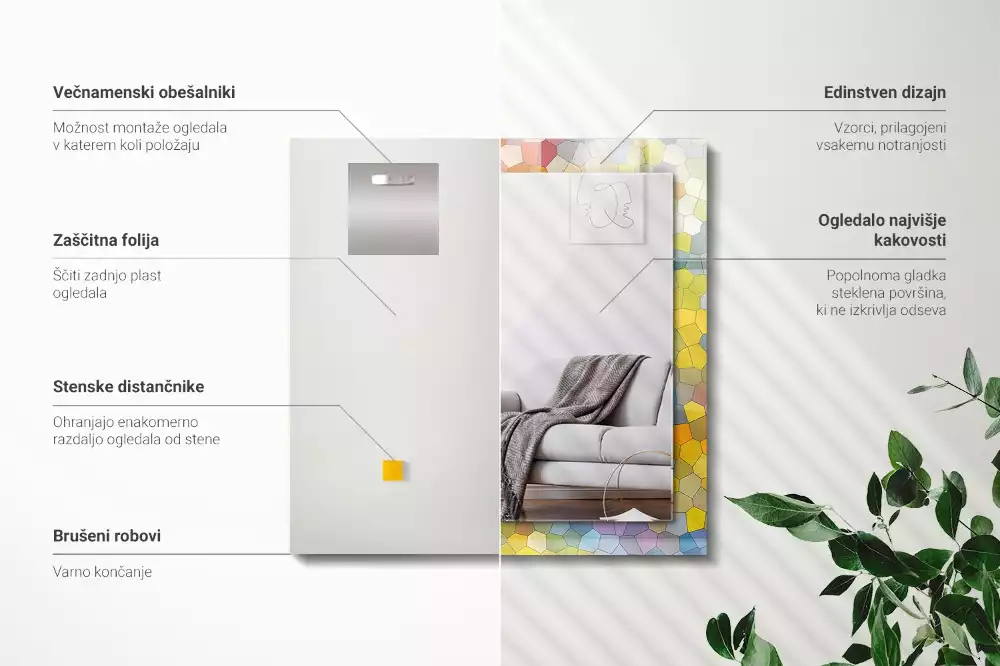 Négyszögletes fali tükör színes absztrakt mozaik mintával