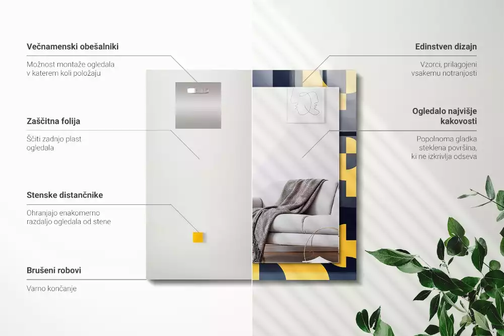 Négyszögletes díszes tükör absztrakt geometriai mintával