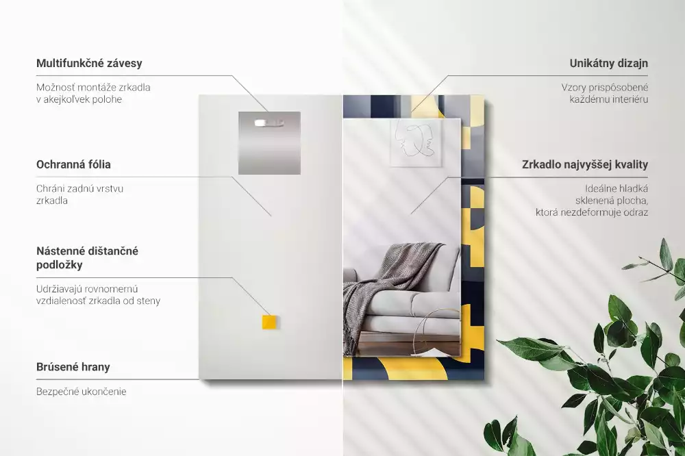 Négyszögletes díszes tükör absztrakt geometriai mintával