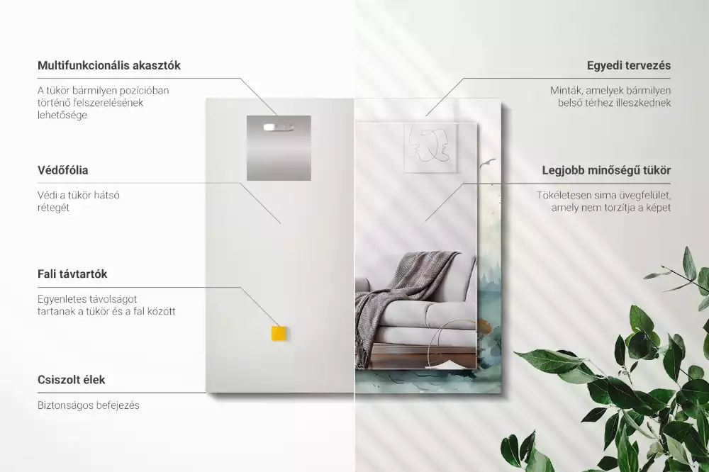 Négyszögletes fali tükör ködös erdő mintával