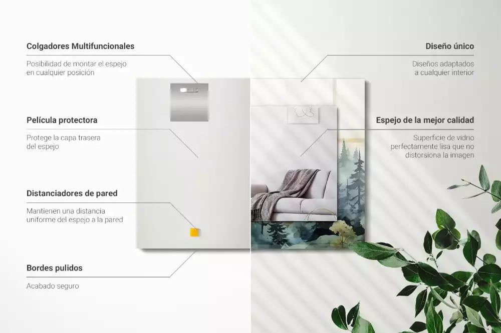 Négyszögletes fali tükör ködös erdő mintával